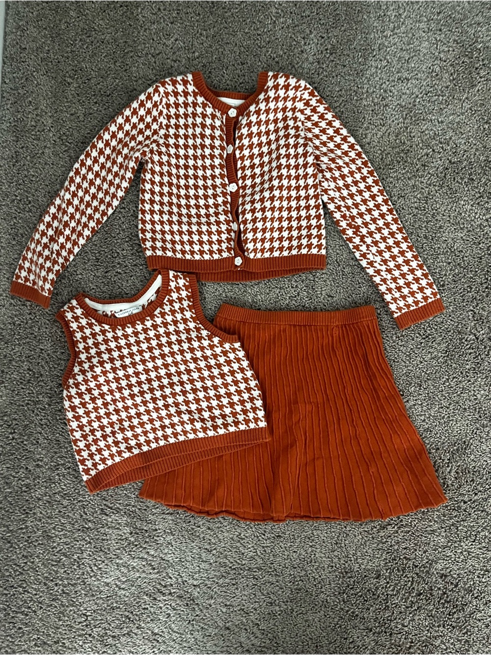 Sincerely Jules Rustic Orange & White Houndstooth Knit Vest, Cardigan, & Skirt